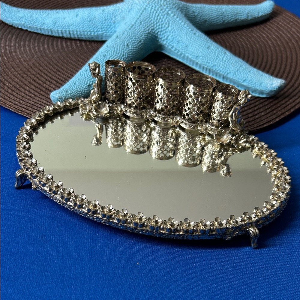 🖤Vintage 60s Elegant Silver Vanity Mirror Tray with Lipstick Holders